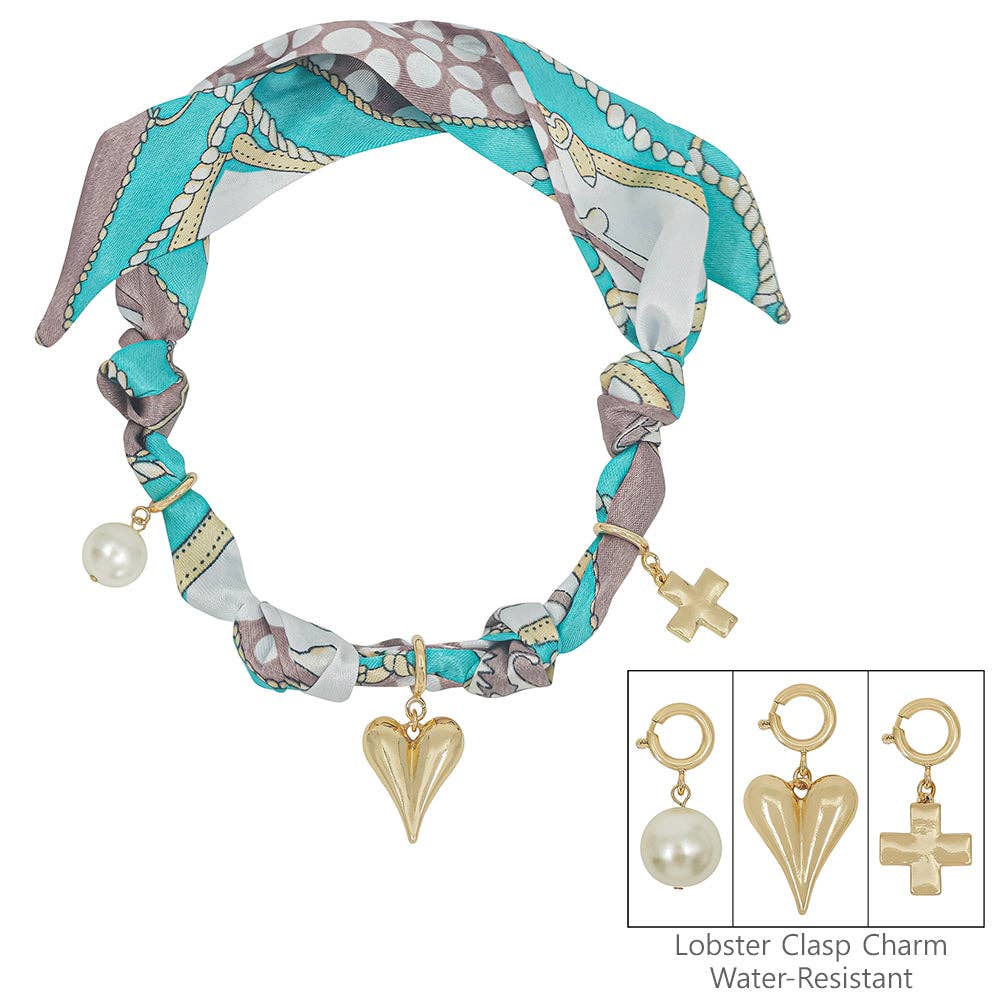 Blue/White Knotted Scarf Necklace with Puffy Heart,Open Cross, and Bow Charm